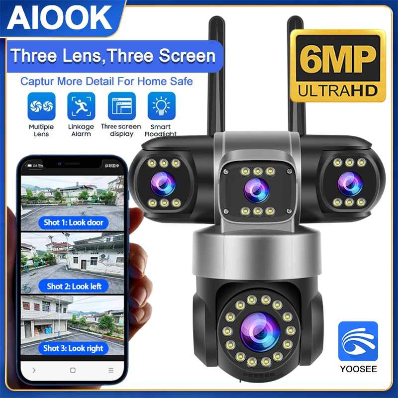

AIOOK Security Camera HD 6MP Three Lens WIFI IP Camera Outdoor IP66 Waterproof Night Vision Mobile Tracking YOOSEE Ai APP Camera