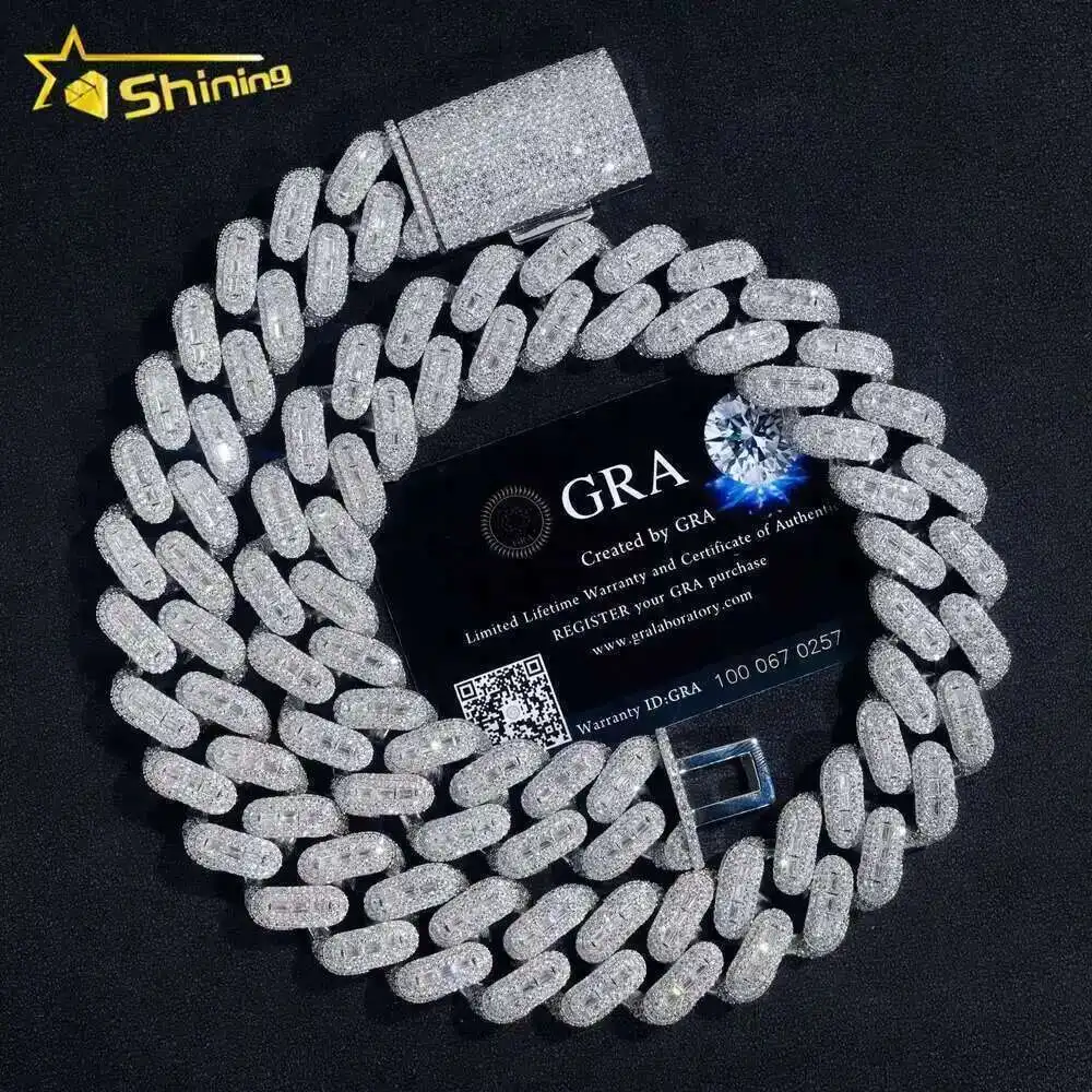 

High Quality 925 Sterling Silver Hip Hop Rapper Three Row 22mm Moissanite Diamond Miami Cuban Link Chain