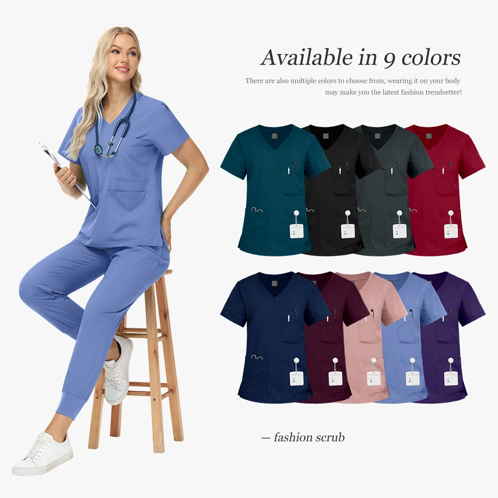 여성용 스크럽 유니폼 패션 간호사 의류 통기성 좋은 부드러운 간호사 의사 유니폼 남성용 멀티 컬러 스크럽 조거 세트 도매
