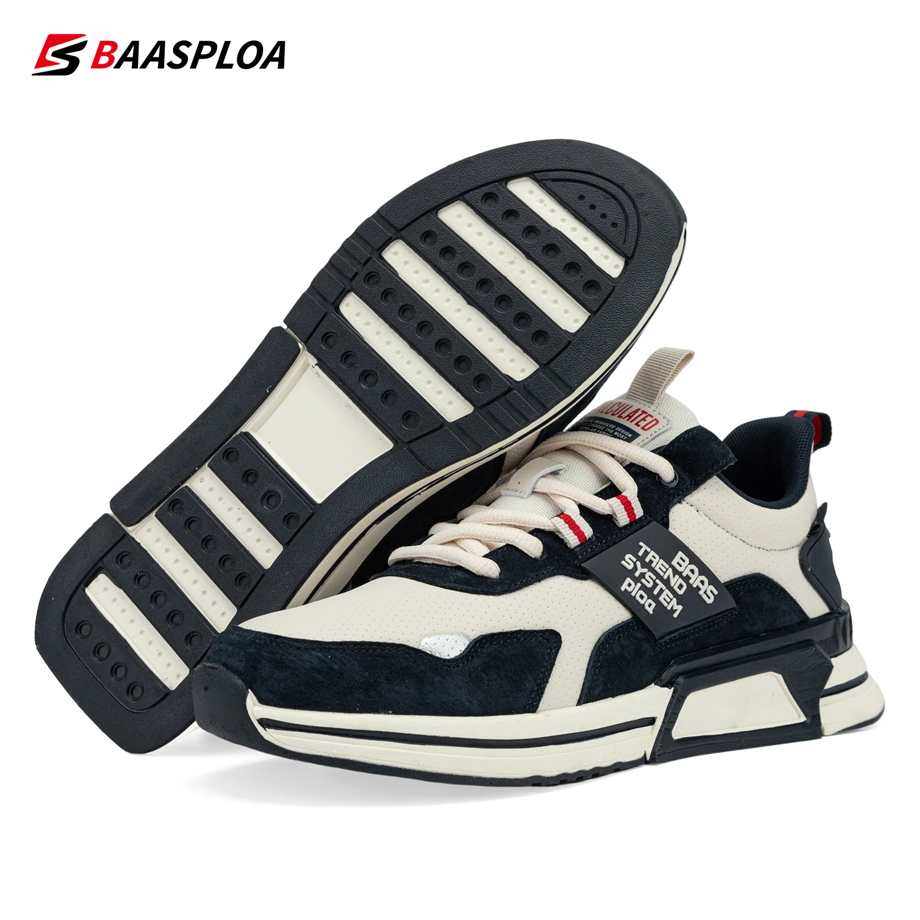 Baasploa New Men Fashion Leather Waterproof Casual Shoes Non-Slip Wear-Resistant Running Shoes Breathable Male Sneakers