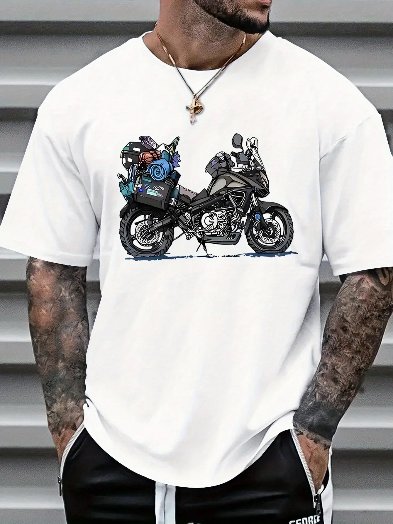 Summer 100% Pure Cotton Men's Fashionable Casual Rally Travel Motorcycle Print Loose Sports Round Neck Short Sleeved T-Shirt Top