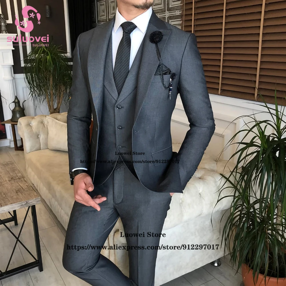 

Classsic Slim Fit Suits For Men Business 3 Piece Jacket Vest Pants Set Male Prom Blazer Formal Groom Wedding Peaked Lapel Tuxedo