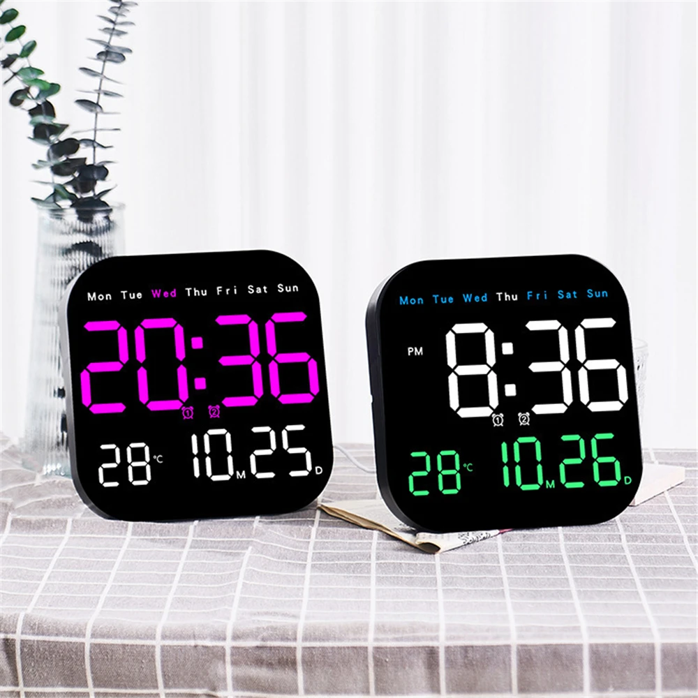 LED Digital Wall Clock Large Screen Time Temperature Date Week Display with Remote Control Adjustable Brightness Alarm Clock