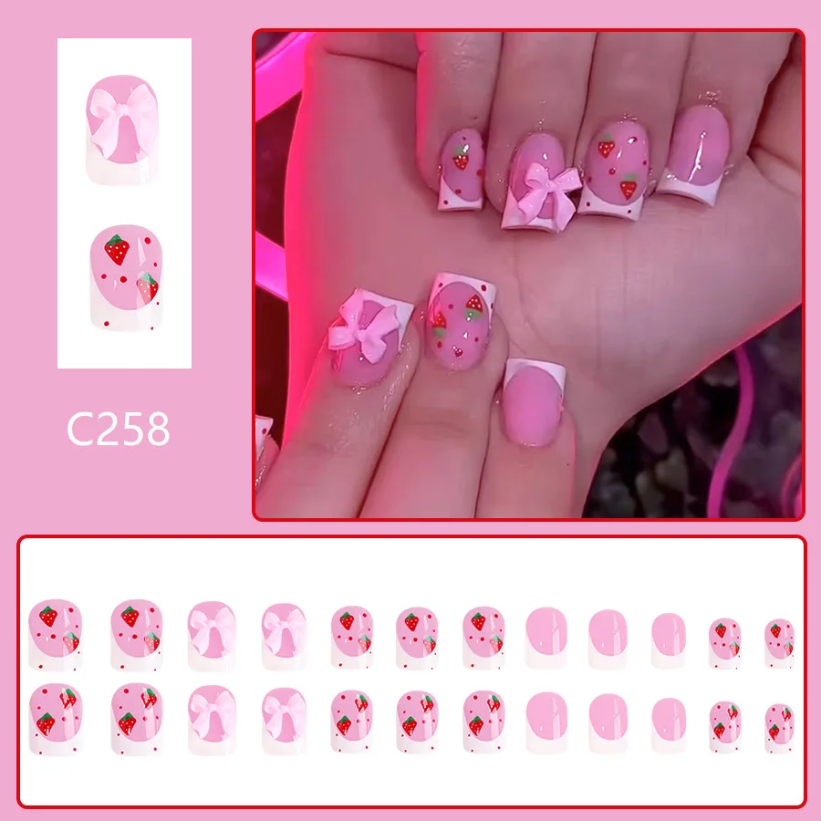 24szt Red Strawberry Designs Fake Nail Tips 3D Bowknots Decor White French Style Press On Nails Glossy Pink European False Nails