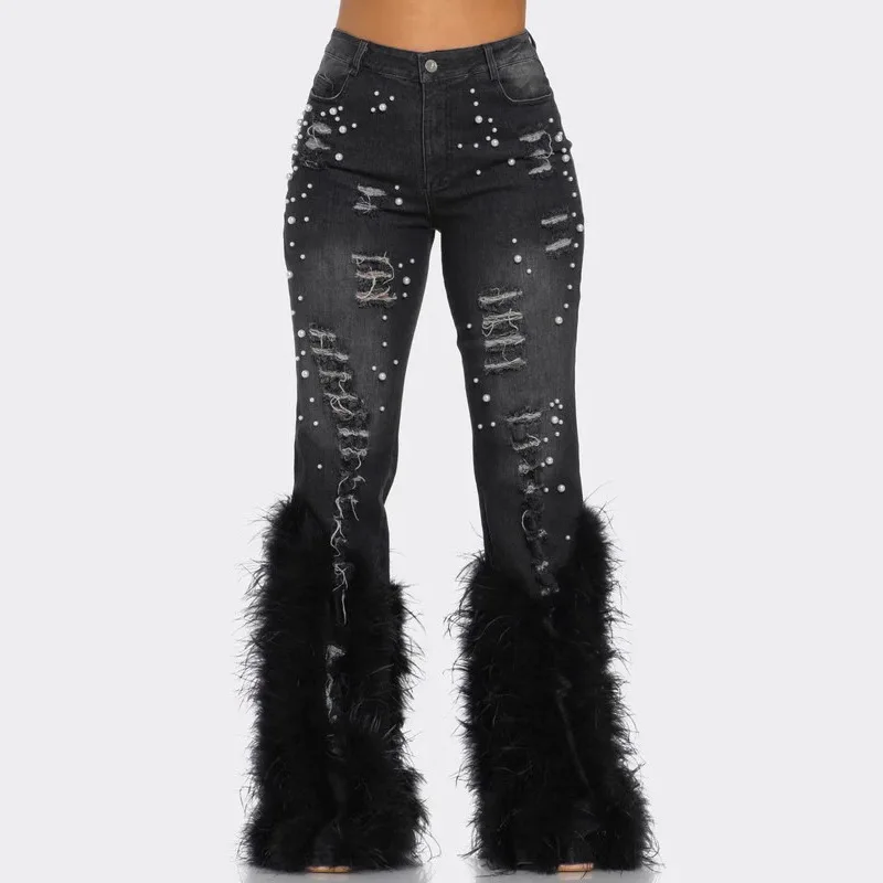 Chic Women Denim Pants Pearl Beading Tassels Skinny Hollow Out High Waist Jeans Fashion Y2K Streetwear Ripped Jeans for Women