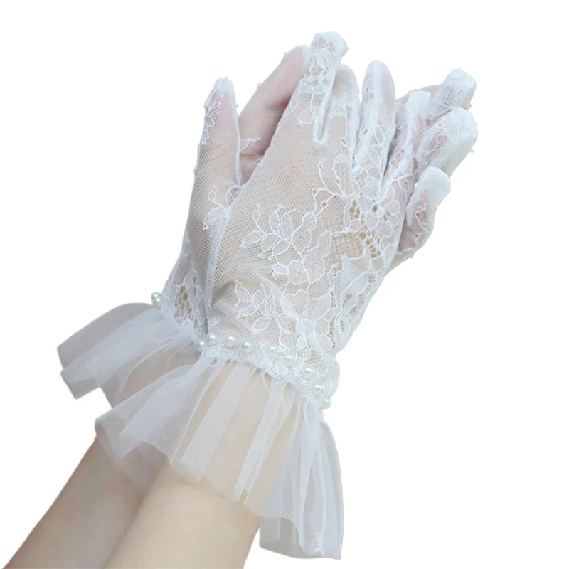 Retro Lace Beaded Wedding Gloves Women's Thin White Exquisite Sexy Etiquette Bridal Wedding Short