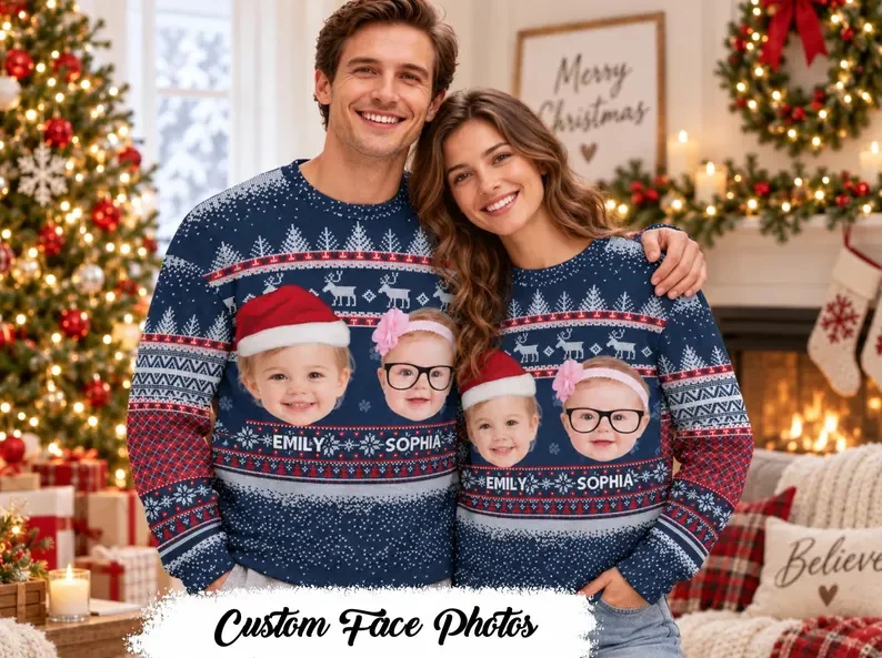 Custom Face Photo Christmas Sweatshirt Personalized Family Portrait Reindeer Snowflake Crewneck Custom Name Ugly Xmas Sweater