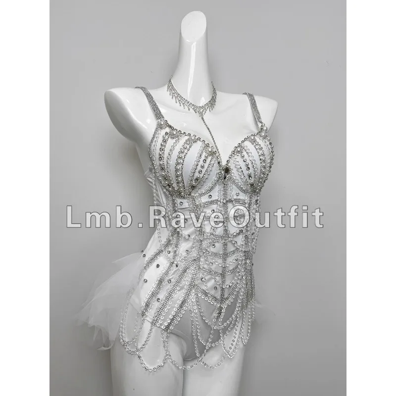 Customized Full Diamond Pearl Chain Nightclub Bar Female Singer Dj Electronic Syllable Clothing Turnpakjes Meisjes