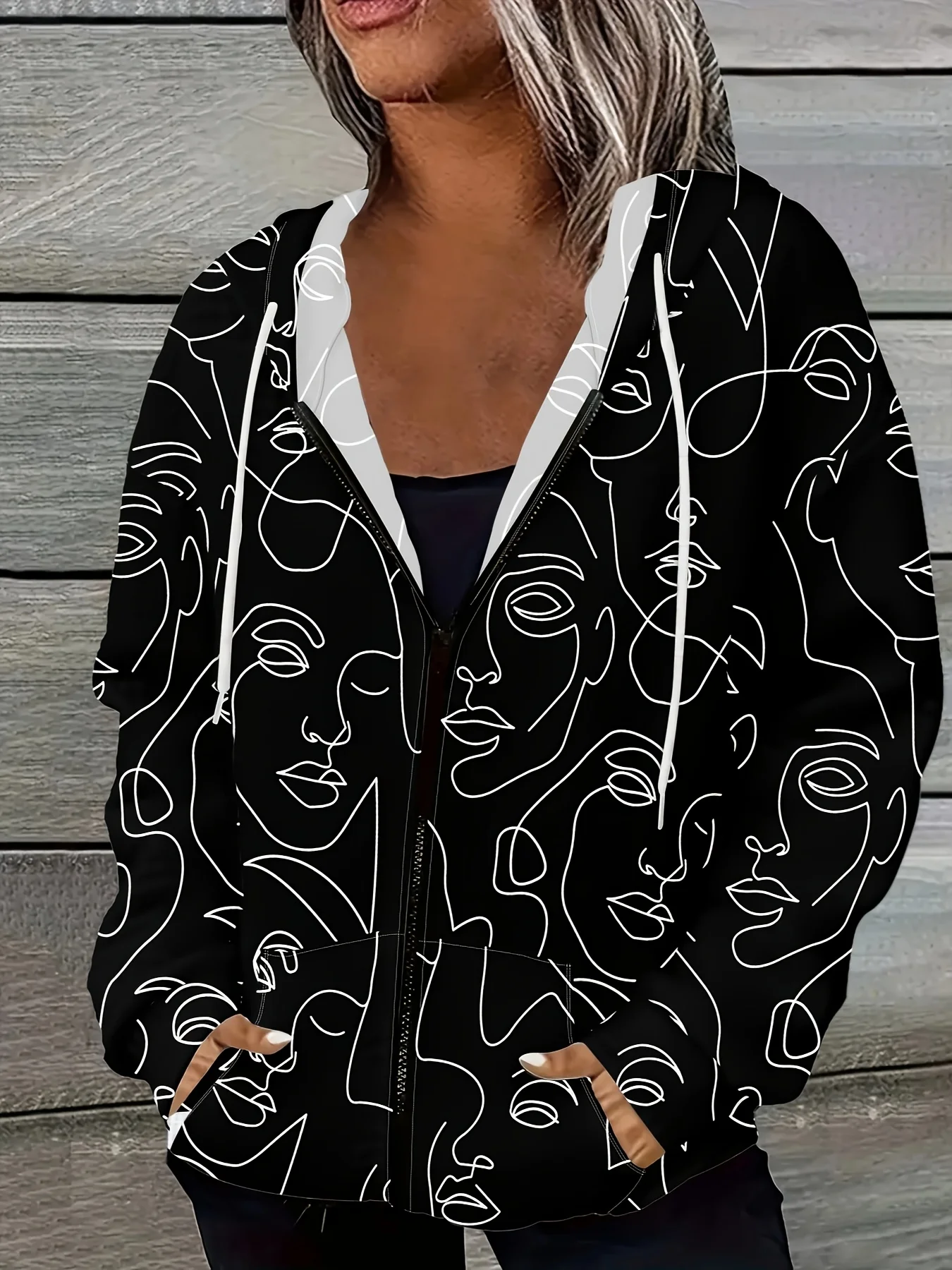 Lässige Damenjacke mit bedrucktem Design im Casual-Stil, abstraktes Gesichtslinien-Kunstmuster