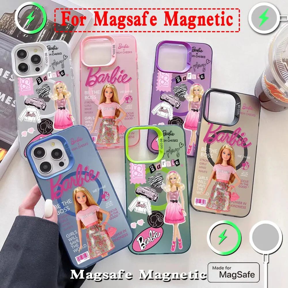 Cute Fashion Cartoon Barbies Girls Magsafe Magnetic Case for Samsung S25 S24 S23 S22 S21 S20 FE Plus Ultra 5G Soft Silver Cover