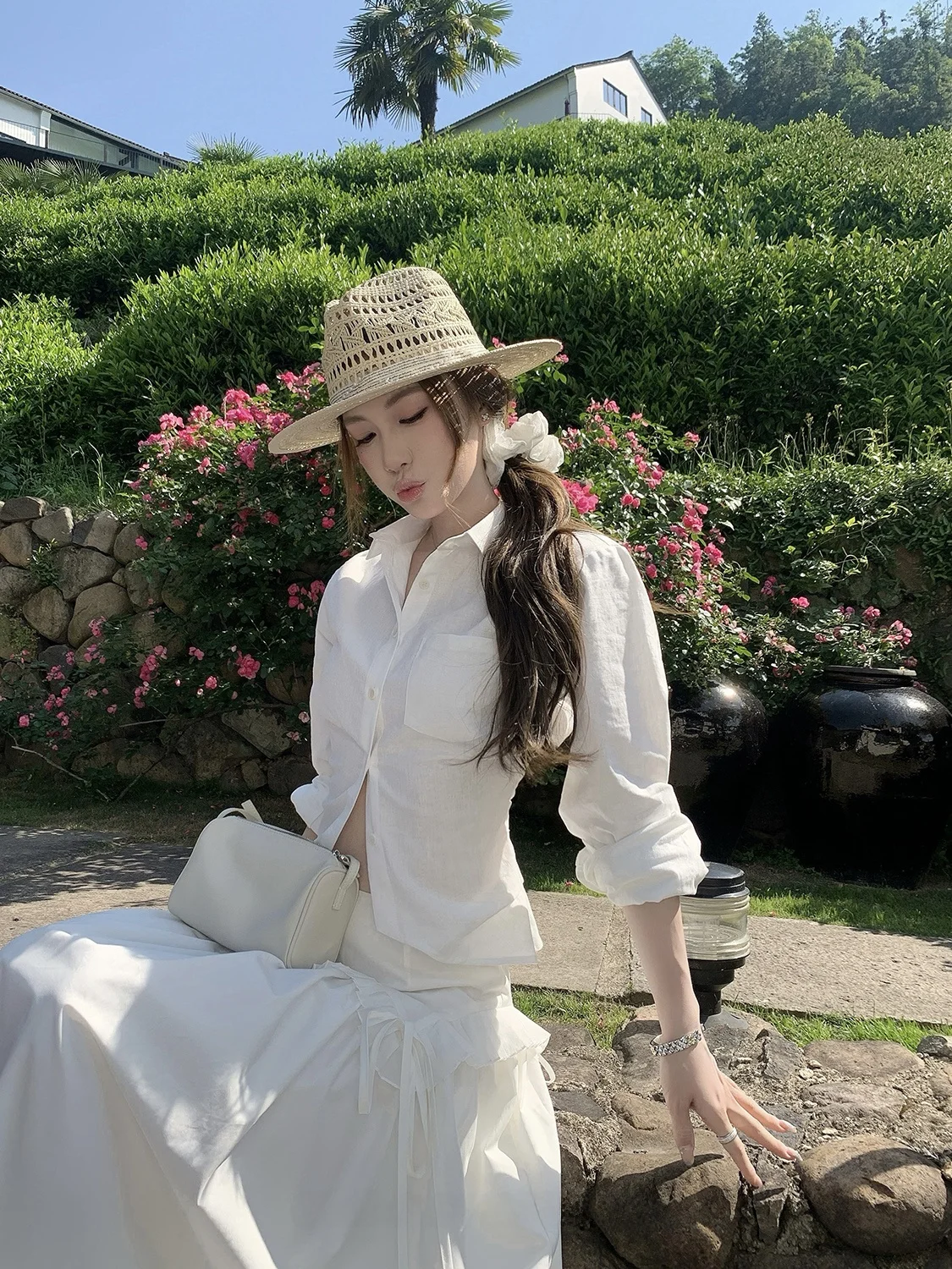 

Ele Sister's Linen irt Women's Long Sve Waist-Cinching Summer Simple Aosphere Top Commute Sle Straight Tube irt