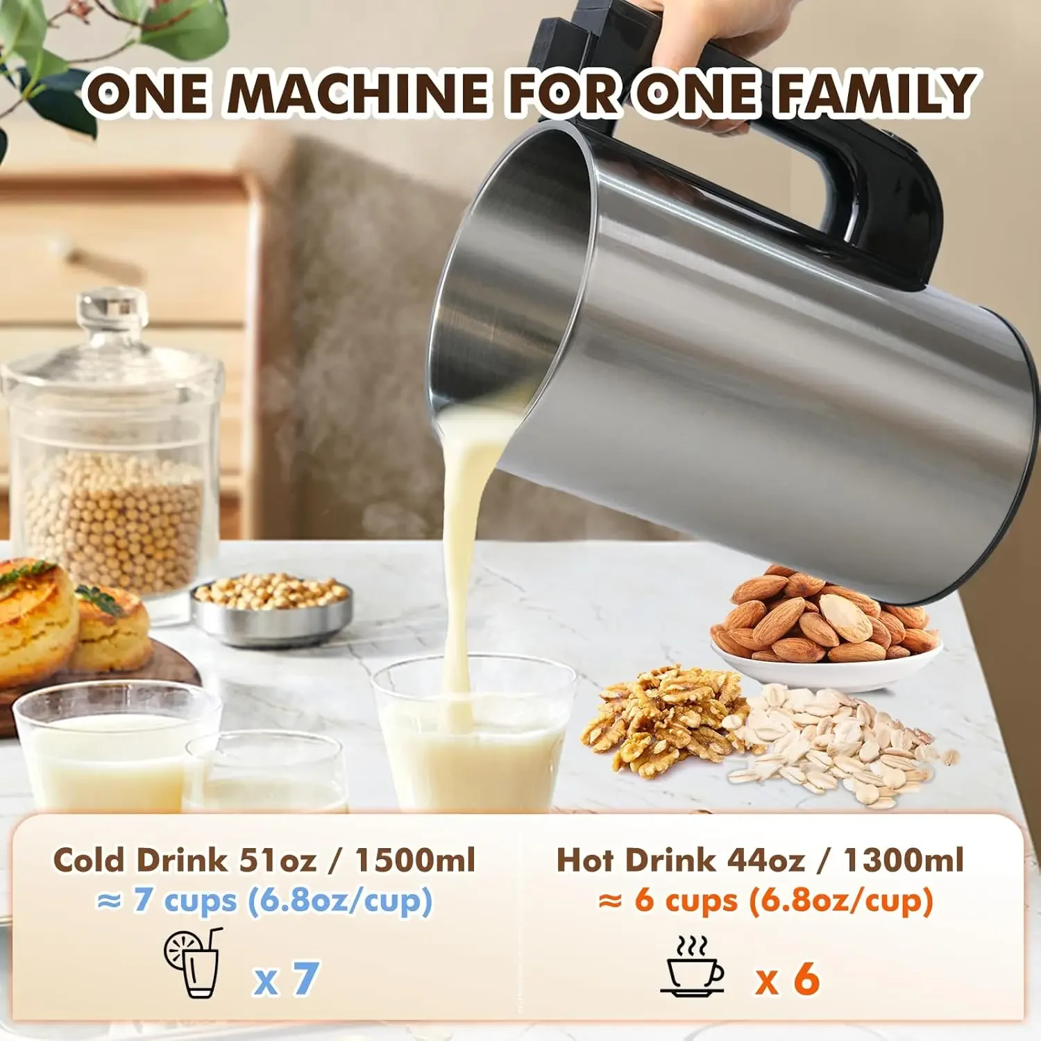 Nut Milk Maker 51oz 1500ml Stainless Steel Raw Almond Milk Machine 7-In-1 Automatic Soy Oat Cow Plant-Based Milk Homemad