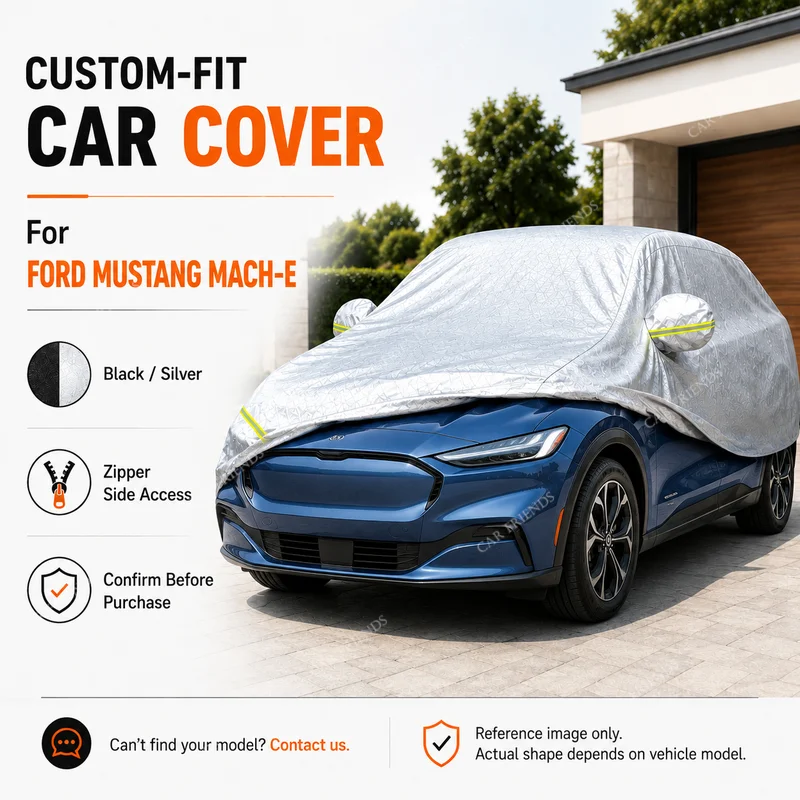 For Ford Mustang Mach-E Custom Fit Full Car Cover Silver-Coated Oxford Fabric Side Zipper Access UV Protection Outdoor Parking