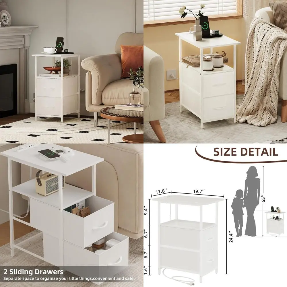 

Тонкий журнальный столик для зарядной станции с тканевыми ящиками для гостиной, спальни и дивана из белой кожи