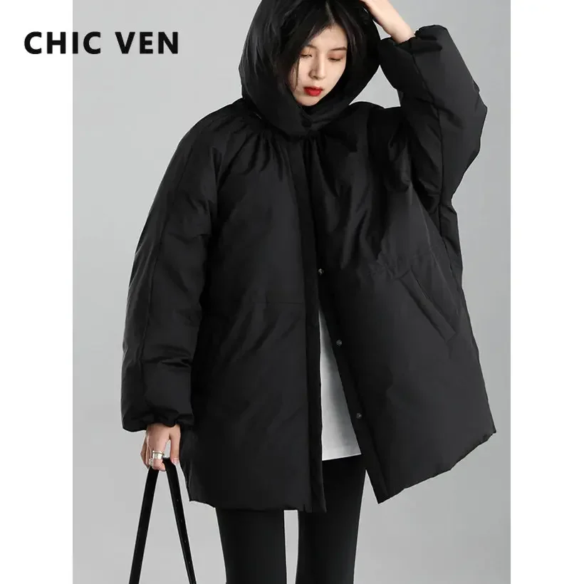 CHIC VEN Women\'s Down Coats Solid Loose Hooded Cloak Down Jacket Mid-length Female Quilted Coat Autumn Winter 2024