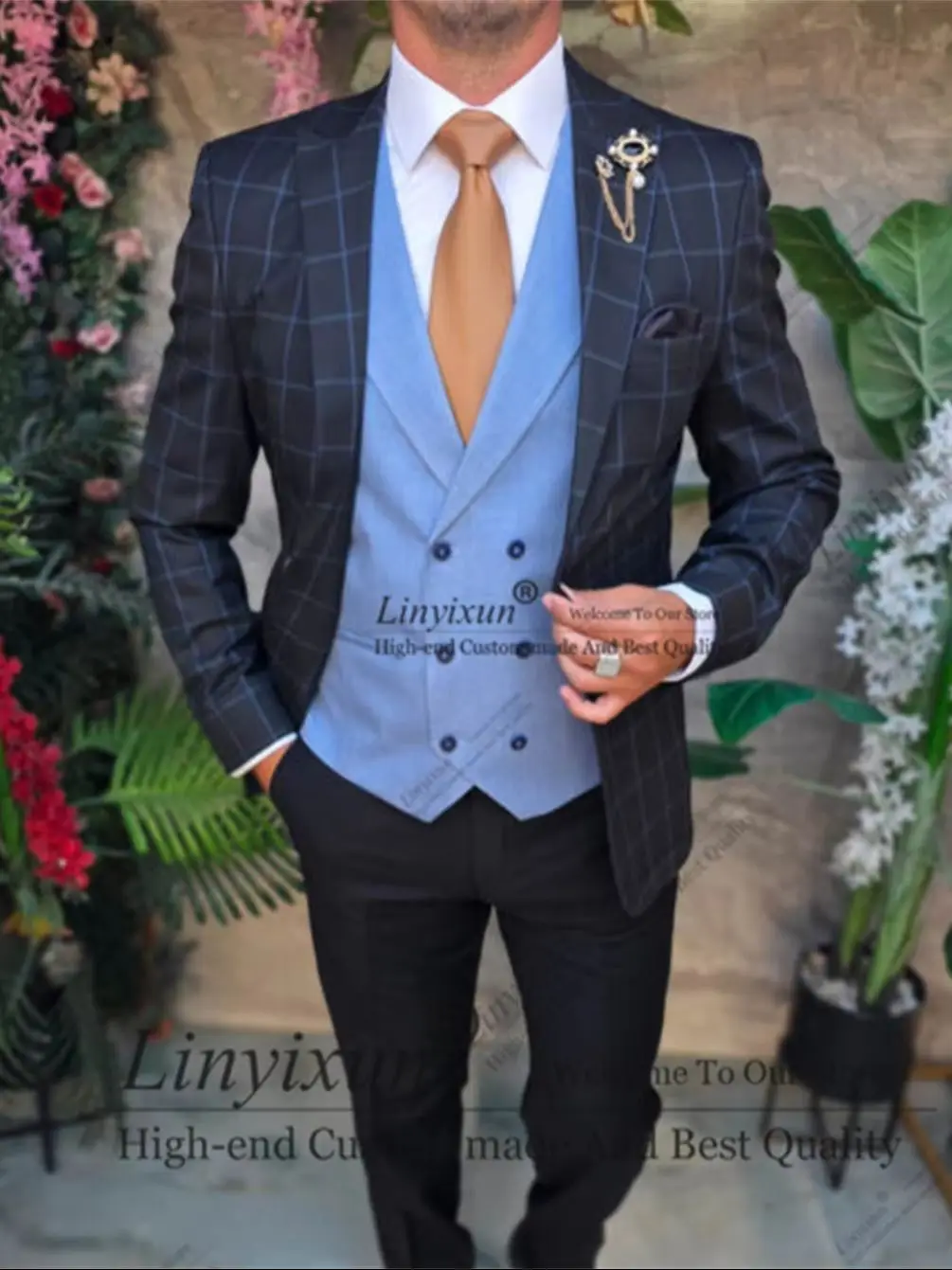 Elegant lue Checkered Pinstripe Men's Suit 3 Pieces Blazer Single Business Formal Work Wedding Groom Costume Homme Customized