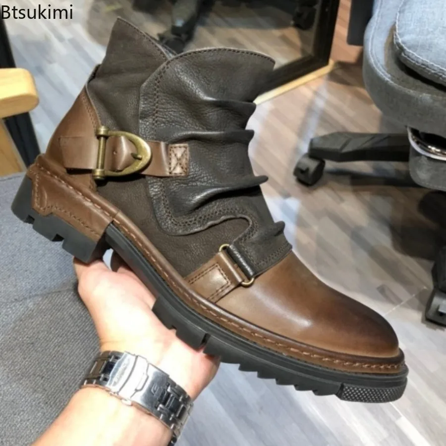 Autumn Winter Retro Men Motorcycle Leather Boots British Style Round Head High Top Shoes Casual Platform Boots Moto Street Gear