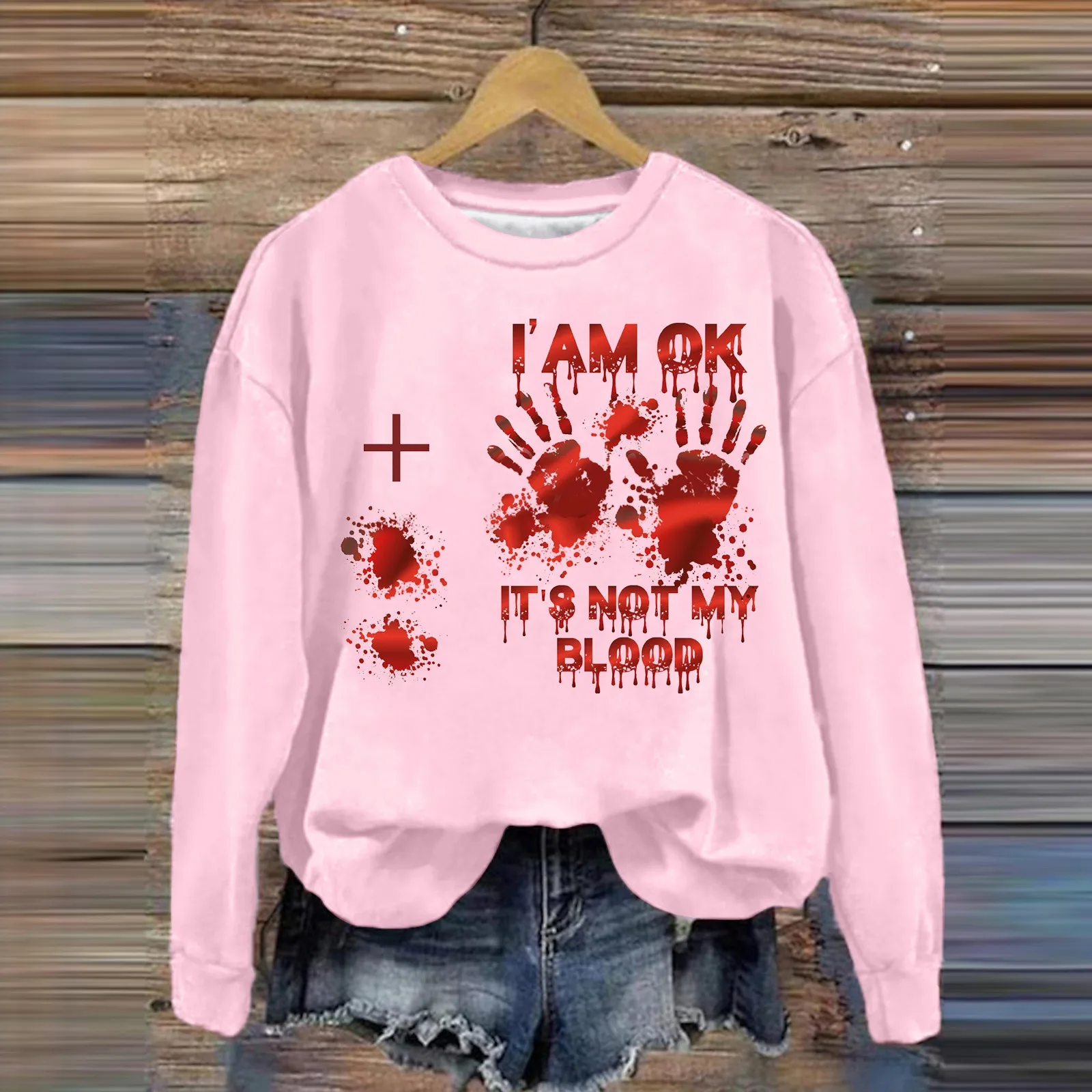 Women'S Autumn And Winter Round Neck Long Sleeve Warm Hoodie Bloody Pattern Letter Printing Halloween Costume 2024 New Style