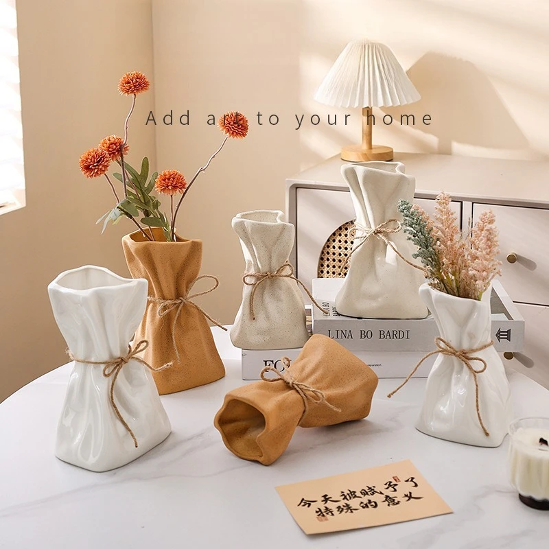 

Креативная керамическая гидропонная морщинистая ваза для мешка для денег для искусственной цветочной композиции, декор для гостиной