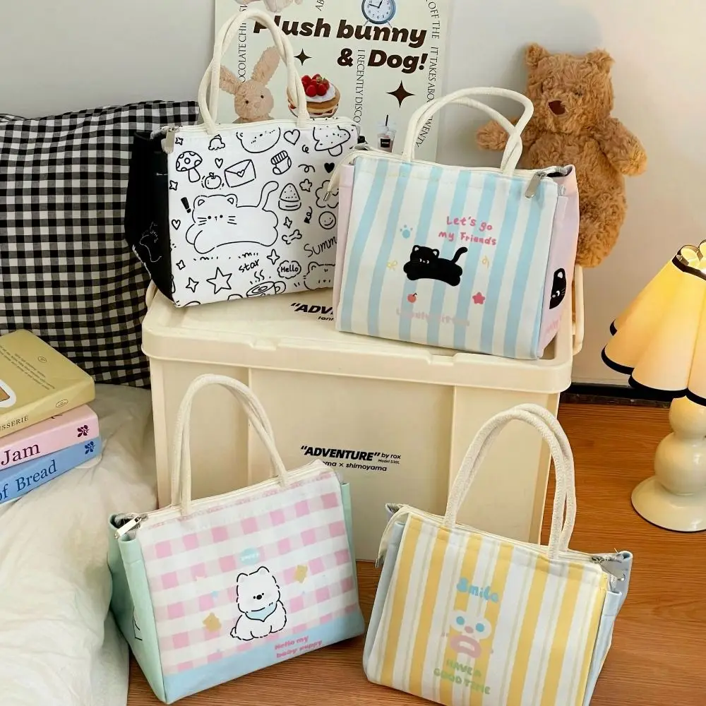 

Термосумка для обеда с принтом кота, ручная холщовая сумка для обеда большой емкости, водонепроницаемая сумка для хранения с мультяшным узором для пикника и путешествий