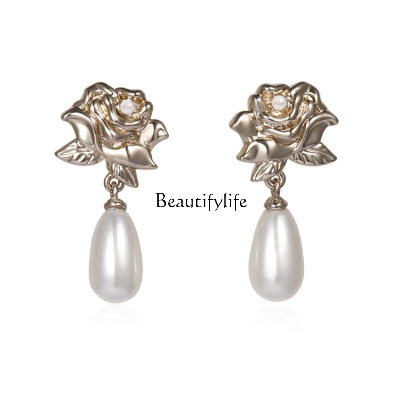 

Rose Series Female Earrings, Exquisite, Elegant, High-End Imitation Pearl, Auricular Needle, Niche