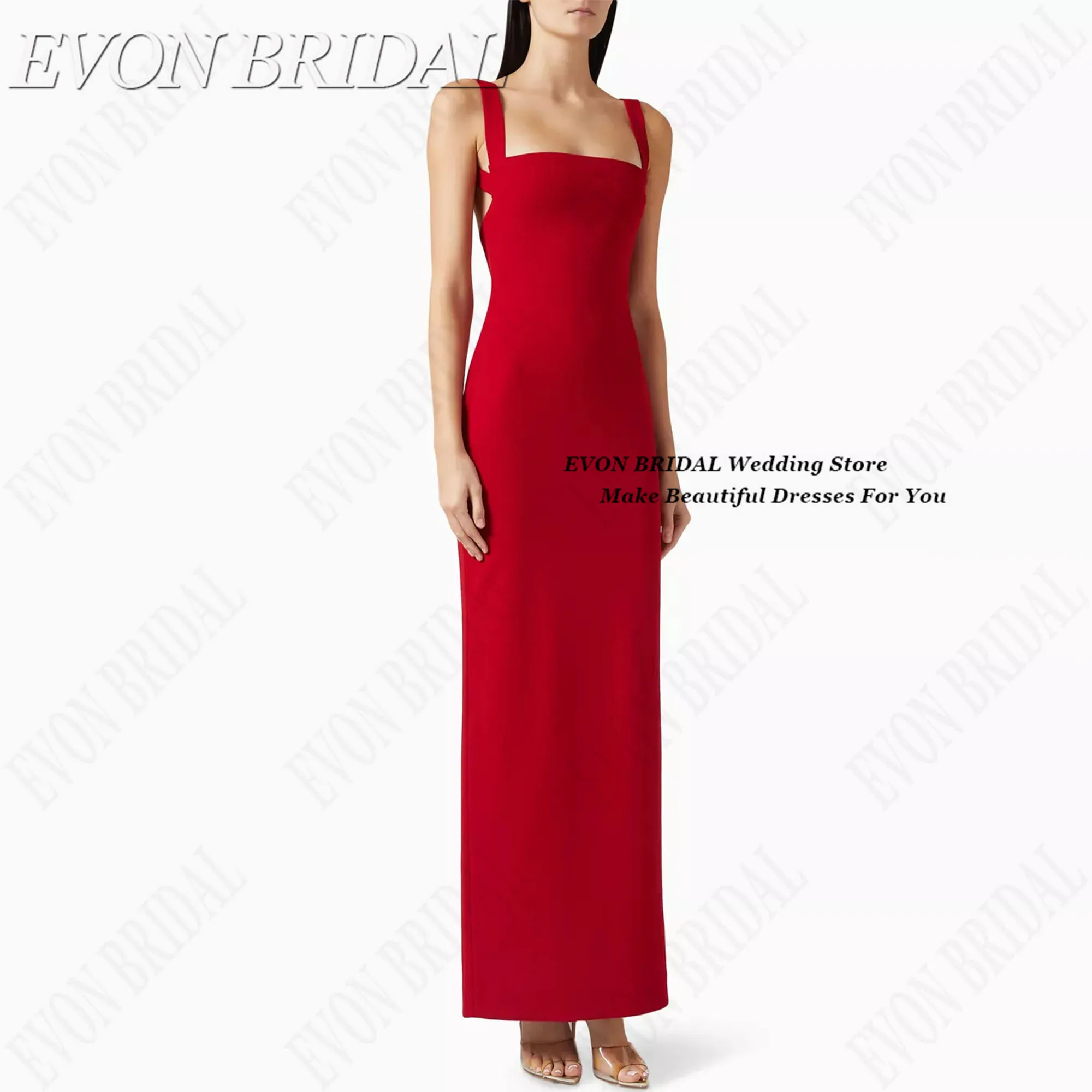 Customized Long Evening Dresses Red Slit Mermaid فساتين سهرة Square Collar Elegant Wedding Guest Gowns EVON BRIDAL