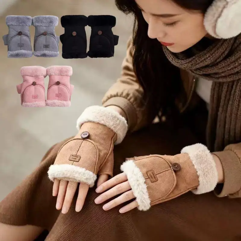 أزياء المرأة الجلد المدبوغ قفازات الوجه غطاء دافئ المخملية القفاز شاشة تعمل باللمس نصف اصبع القفازات الحرارية في الهواء الطلق الكتابة قفازات ركوب الدراجات #1