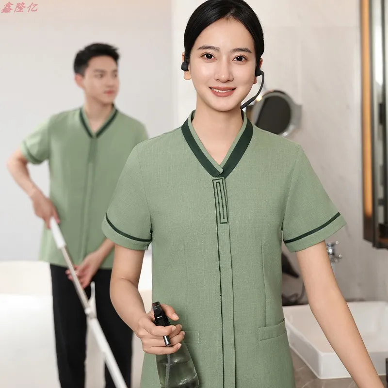 夏綿リネン薄い通気性クリーニング服半袖ハウスキーピングプロパティホテルの客室 InnPACleaning スタッフユニ