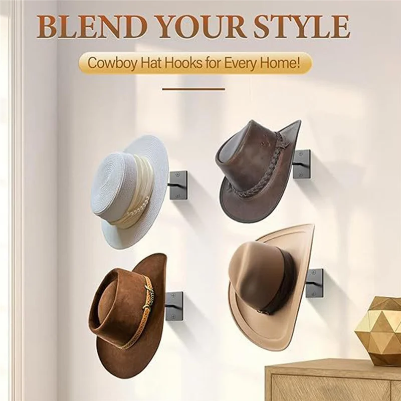 ที่แขวนหมวกคาวบอย ABGR สำหรับติดผนัง, ชุด 4 ชิ้น สำหรับแขวนหมวกโลหะติดผนัง, ตะขอแขวนหมวกสไตล์คาวบอยตะวันตกแบบเรียบง่าย