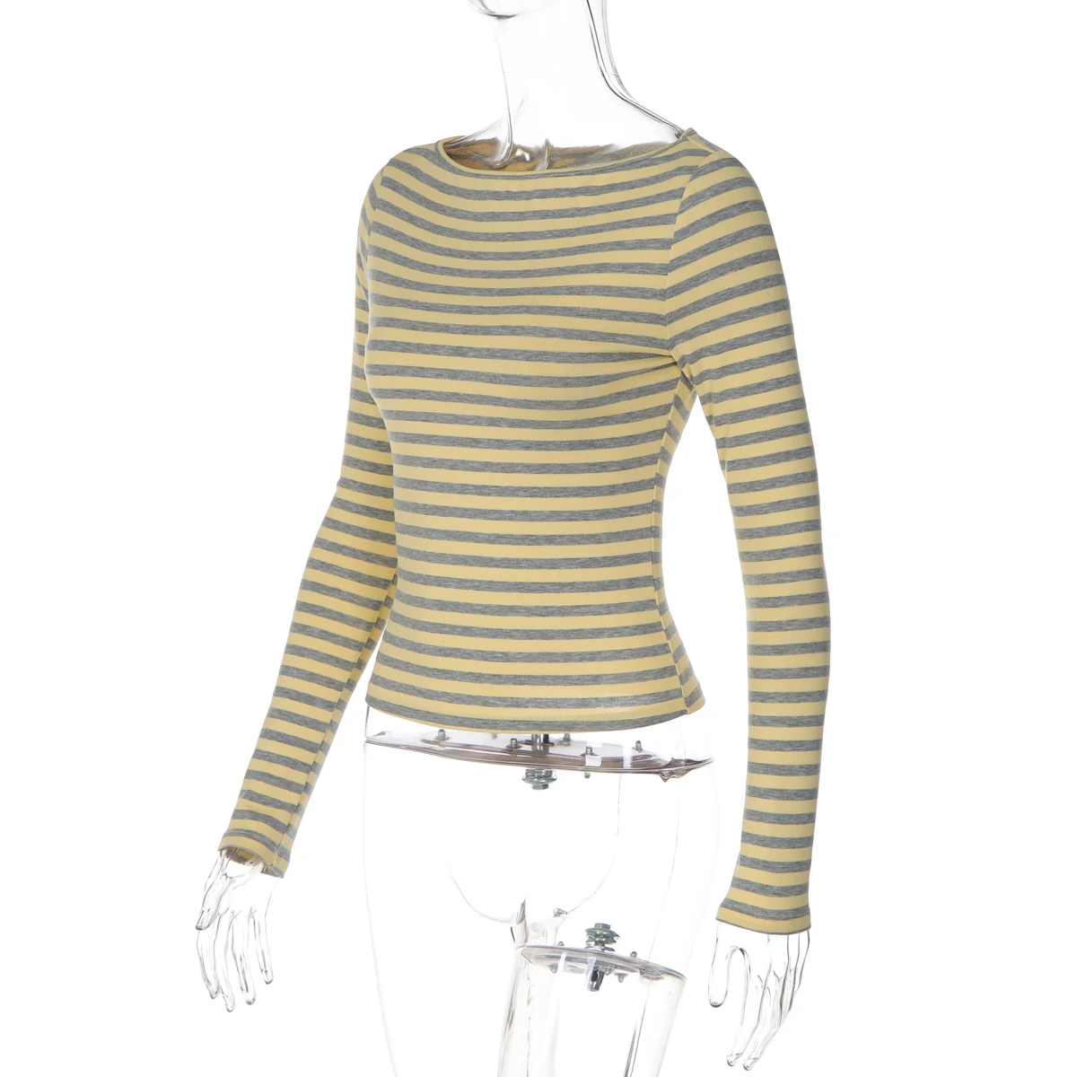 Hugcitar Gestreiftes Farbblock-Langarmshirt, Sexy Slim Fit Crop T-Shirt Top, Herbst Damenmode Kleidung, Streetwear, Party, Club – Detail 3