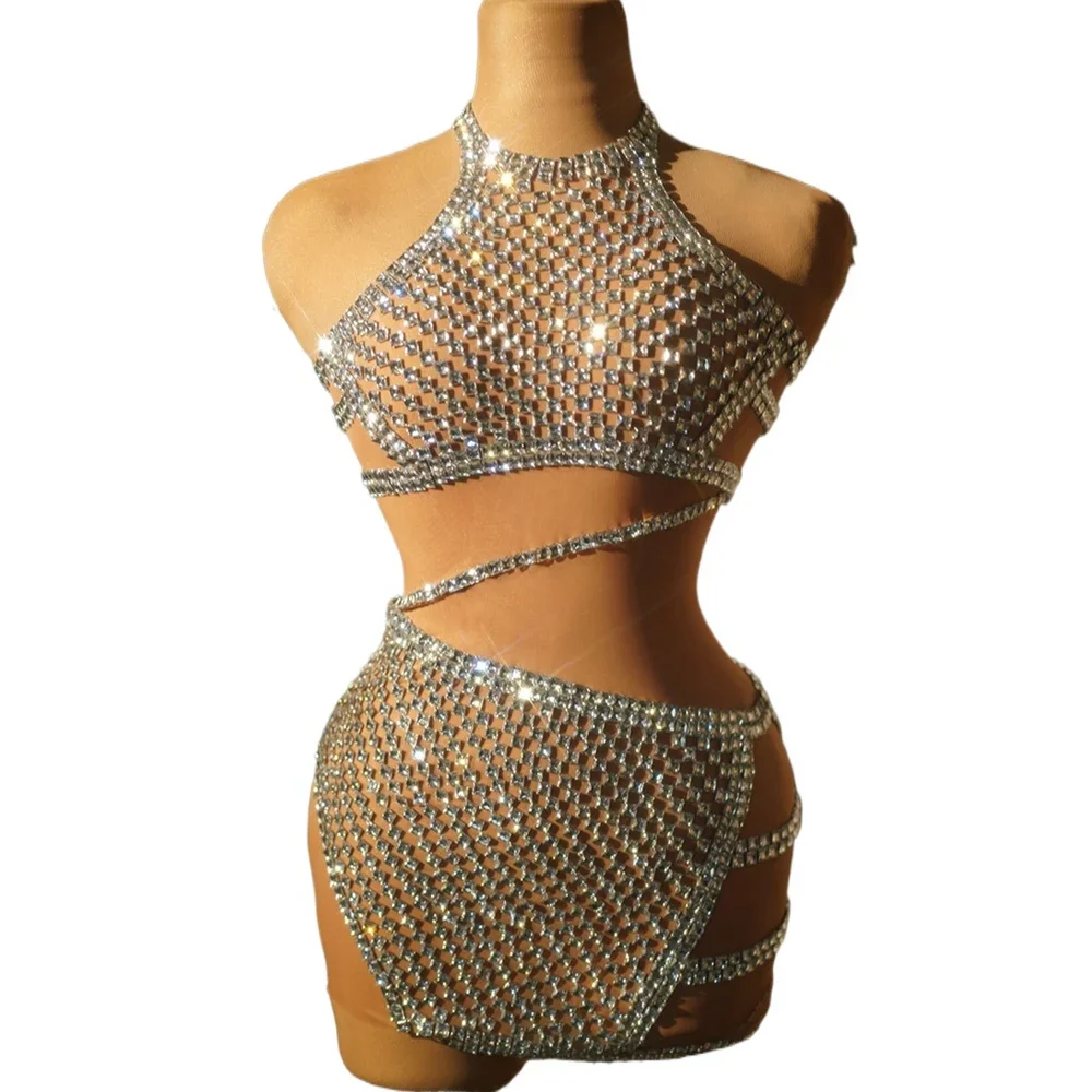 

Женское сексуальное сетчатое прозрачное платье для празднования дня рождения, одежда для фотосессии, костюм для выступлений, блестящее короткое платье со стразами