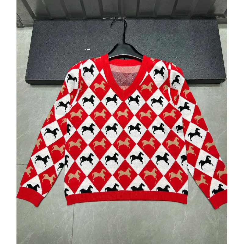 

Fashion Knitted Printed Sweaters Women Full Sleeve V Neck Contrast Color Patchwork Sweater Lady Autumn Streetwear Chic Casual