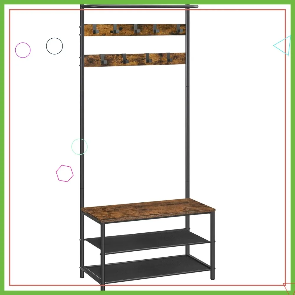 

Промышленная скамья для прихожей с вешалкой для одежды, местом для хранения обуви и 9 подвижными крючками, в цвете рустик-коричневый и черный