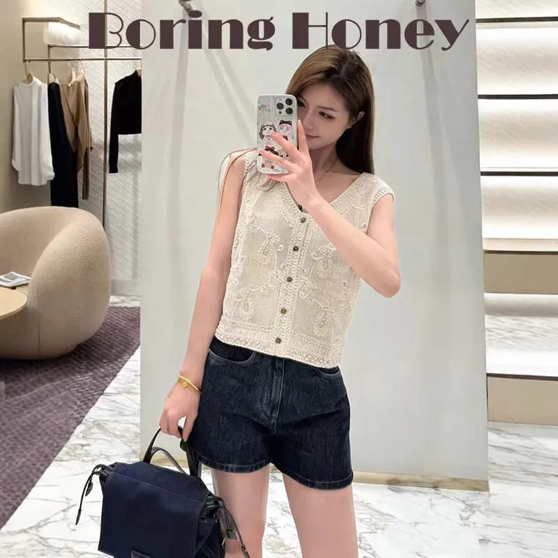 Boring Honey Vintage French Style Lace Knit Vest Women Summer Sleeveless Hollow Out Cardigan Top Female Casual Crochet Tank Tops