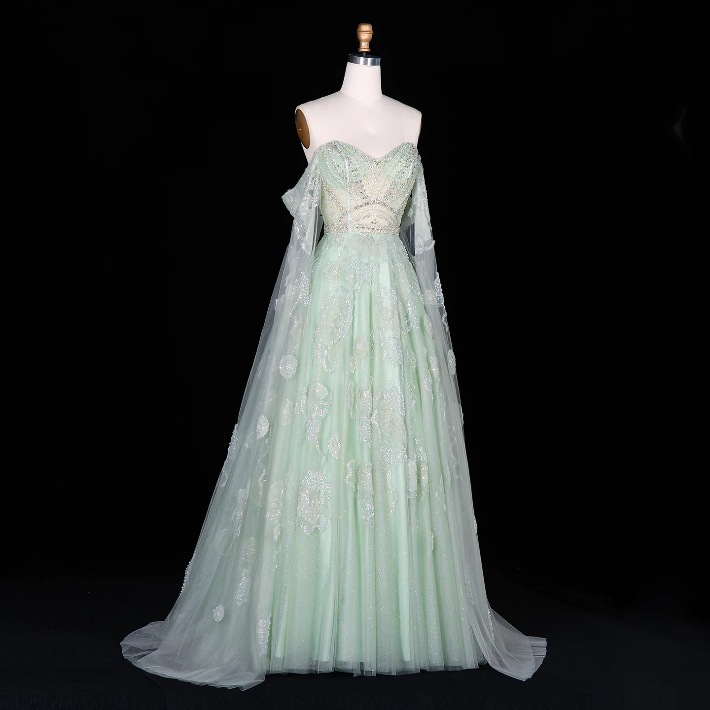 Sharon Said Dubai Luxuriöses Schulterfreies Abendkleid mit Cape-Ärmeln aus Tüll, Arabisches Damen-Hochzeitskleid, Formelle Ballkleider SS754 Maßanfertigung – Detail 6
