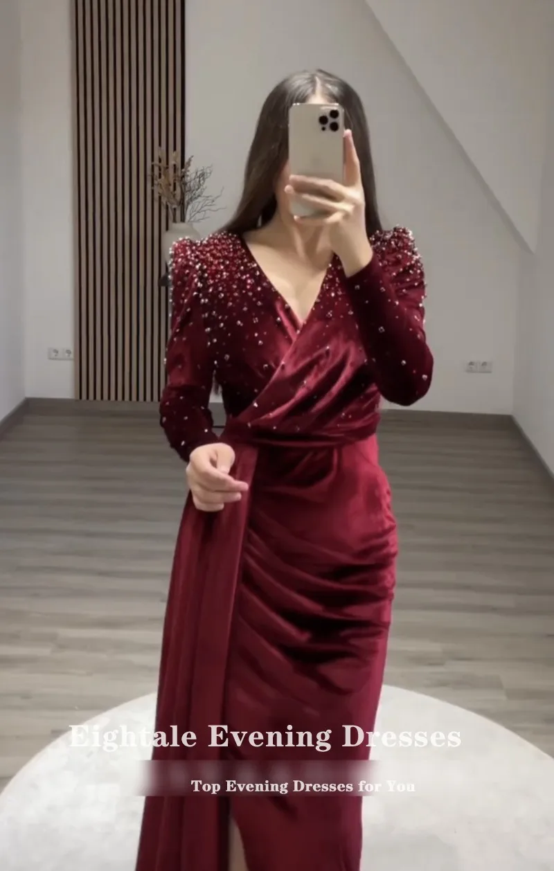 Eightale Velvet Evening Dress for Wedding Party V-Neck Beaded Sexy Side Slit Mermaid vestidos otoño invierno Burgundy Prom Gowns