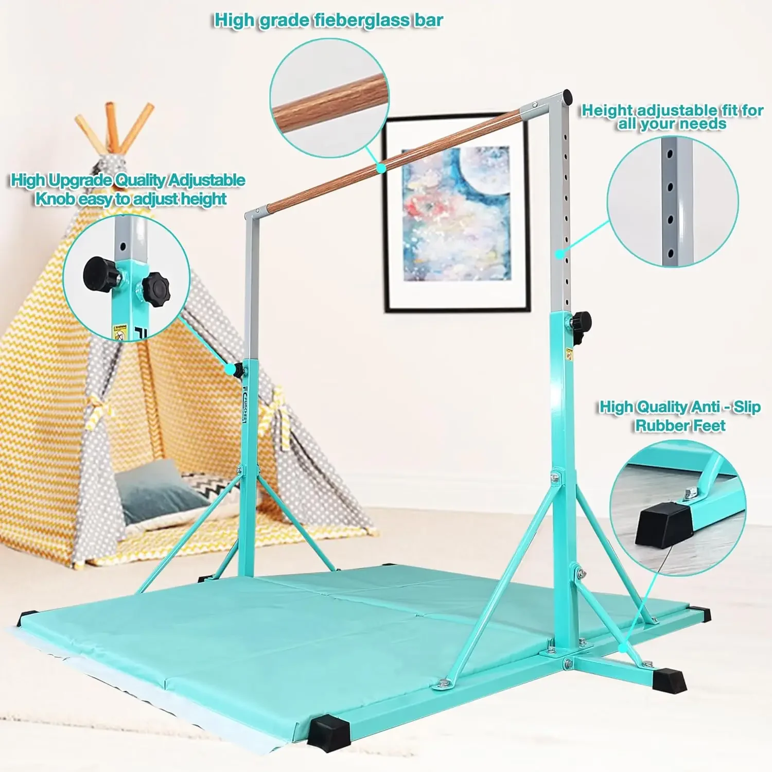 Barra de gimnasia, barras de gimnasia 5FTHorizontal, barra de gimnasia ajustable para niños de 5 a 20 años, 35,4" a 59"/45" a 71", límite de peso 500 LB