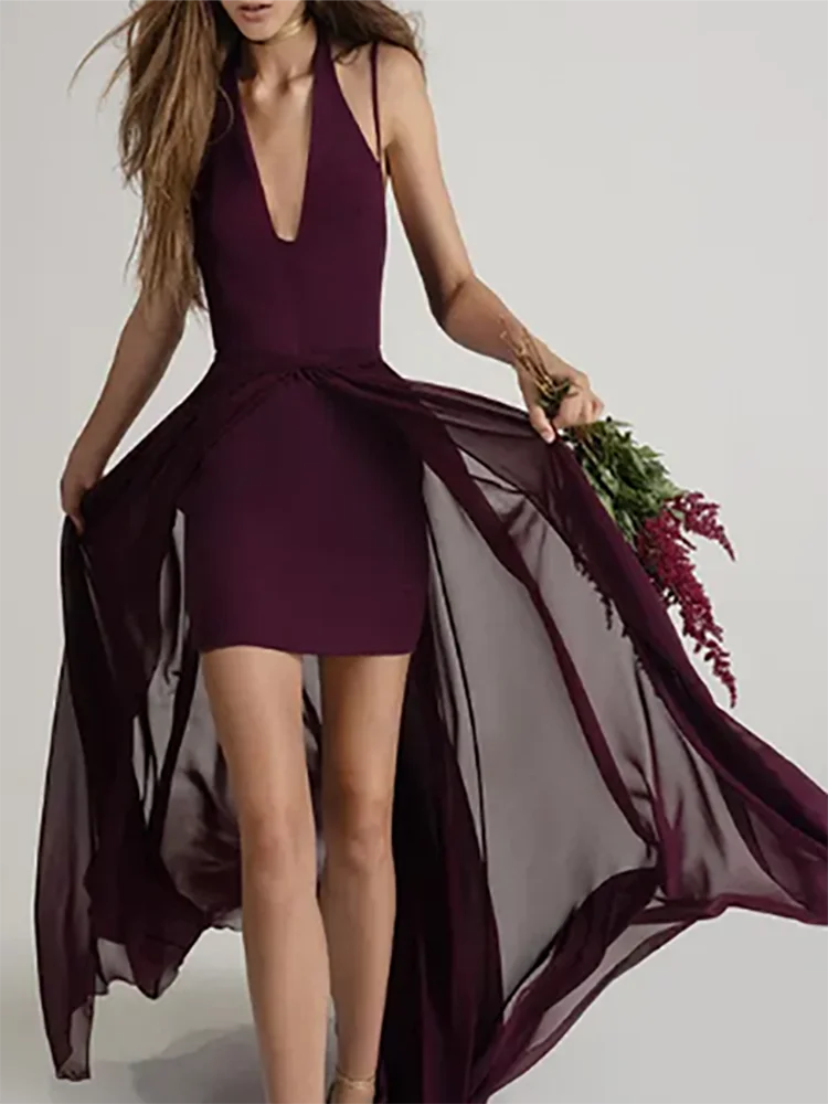 Bridesmaid Dress Chiffon V-Neck Sleeveless Floor-Length Sweep Train Backless Simple Sheath Wedding Guest Gowns 2023 New