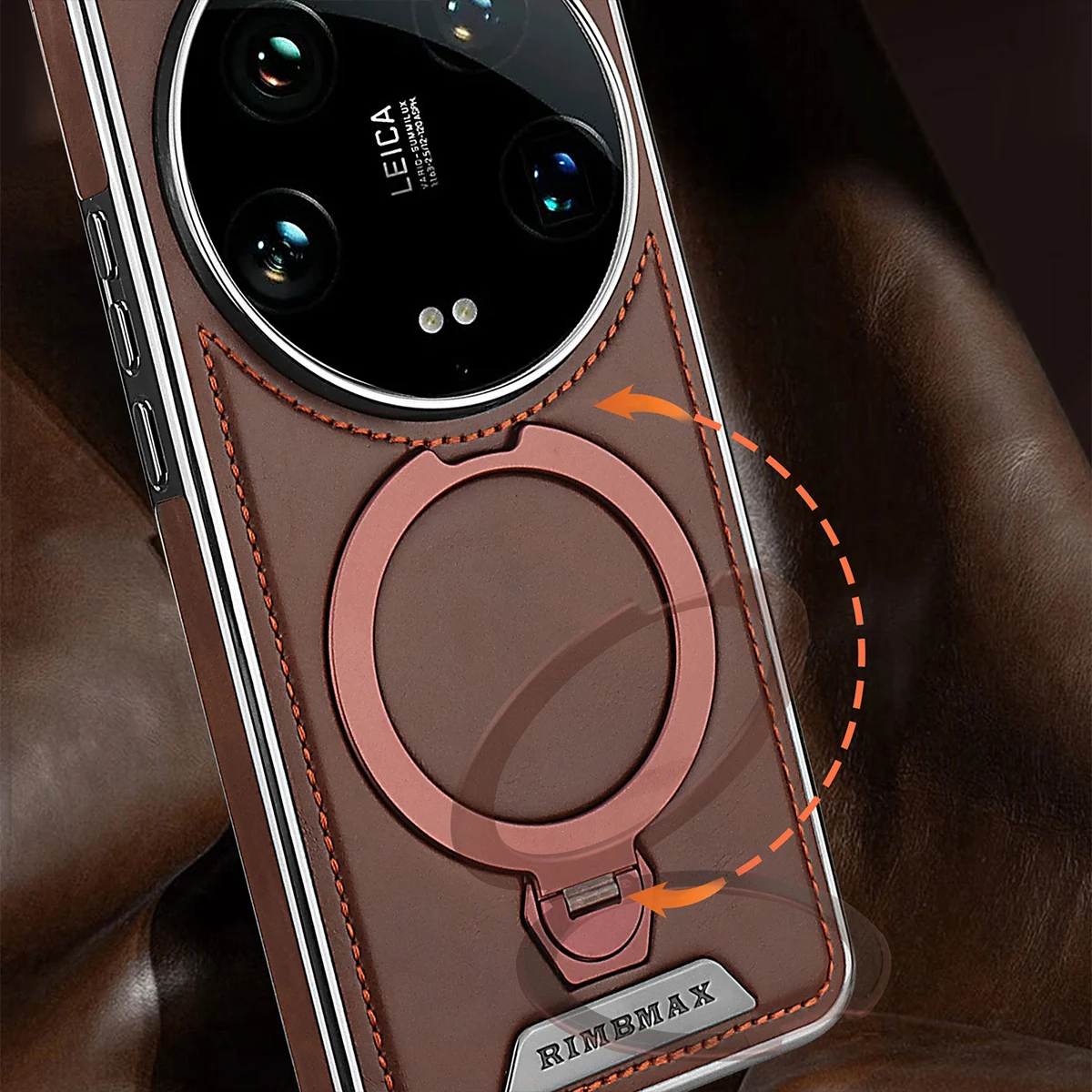 حافظة لهاتف Xiaomi 15 Ultra Magsafe من الجلد المنقوش بحافة مغطاة 360 درجة °   دوران قوس معدني غطاء مطلي بالكهرباء