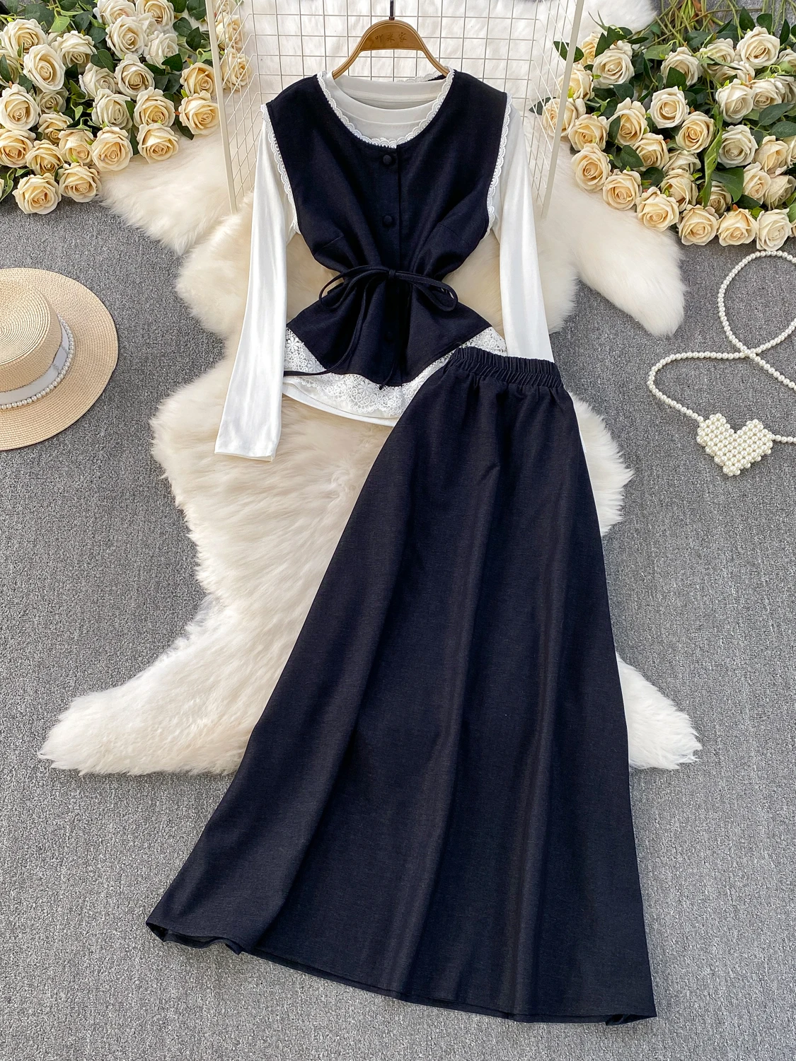 

Faionable Lace Splice Джинсовый жилет Pure Color Base irt Комплект широких брюк Женский осенний сладкий комплект с высокой талией Long Sve