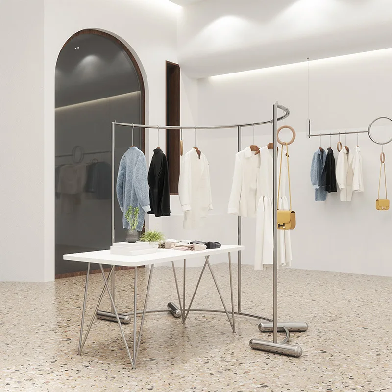 Clothing store display rack, curved floor-to-ceiling stainless steel middle island rack, men's and women's clothing store