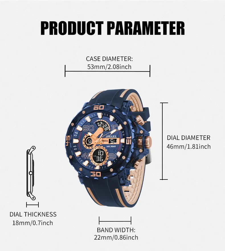 Reloj Militar SMAEL 8136 Resistente al Agua 50M para Hombre - Retroiluminación LED, Alarma, Cronógrafo, Cronómetro, Resistente a Impactos, para Exteriores - Image 5