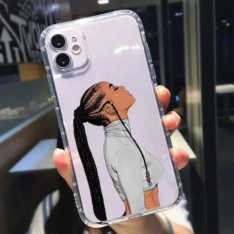 Fashion Black Girl Case For iPhone 16 15 14 13 Pro Max Mini Plus Non-Slip Silicone Transparent Soft Cover For Cute Girls Fundas
