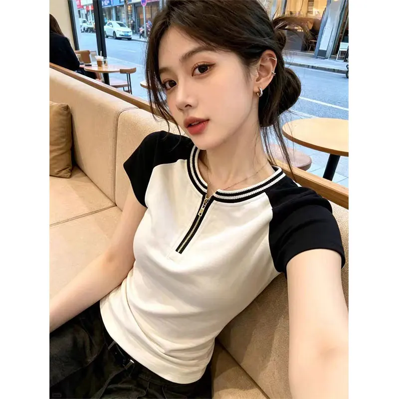 Women Clothing Summer Korean Fashion Zipper Color Blocking Zipper O-neck Female All-match Fashionable Short Sleeve Slim Cardigan
