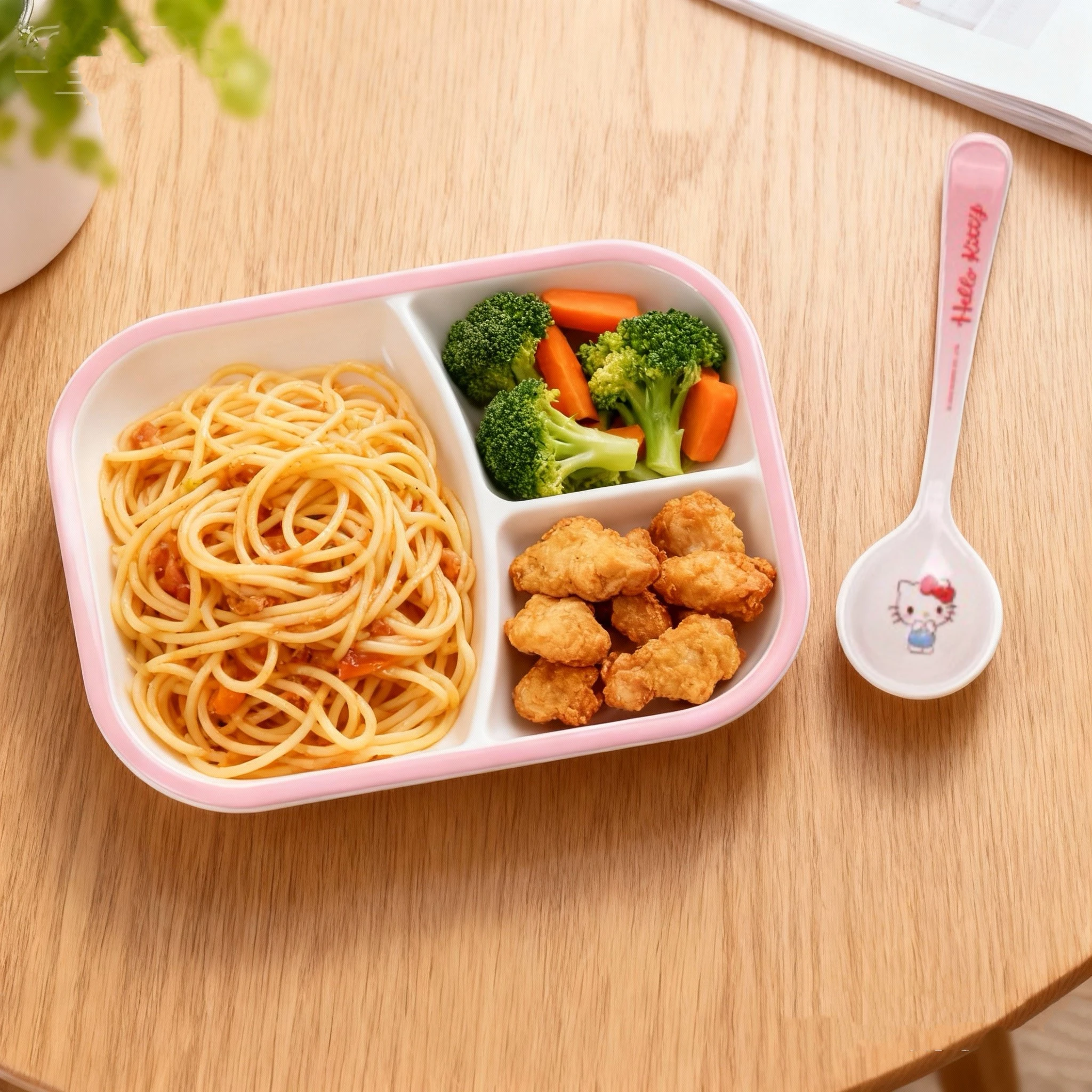 WUHE Hello Kitty Kids Dinner Plate Spoon 3 Divider Melamine Tableware Set BPA-Free for Noodle Salad Dishwasher Safe view 2