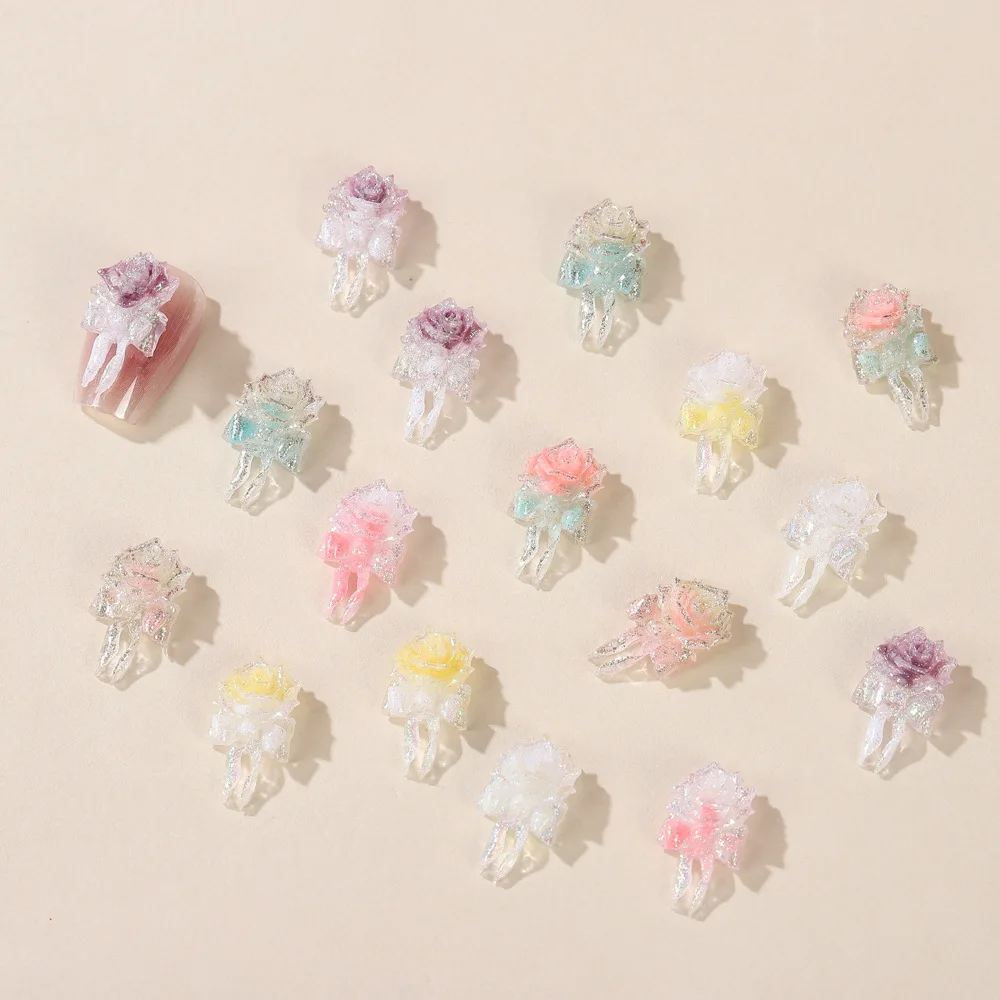 เสน่ห์เล็บกุหลาบ 3D 20 ชิ้น - เพ้นท์เล็บลายดอกไม้หรูหราพร้อมริบบิ้นที่ไหลสําหรับการแต่งเล็บกลางคืนและกลางวันที่สวยงาม