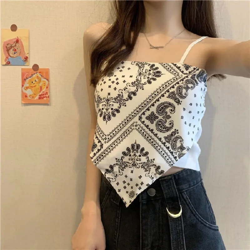 Printed Camis Women Korean Style Cropped All-match Bellyband Casual Streetwear Spicy Girls Hip-hop Slim Fit Irregular Summer