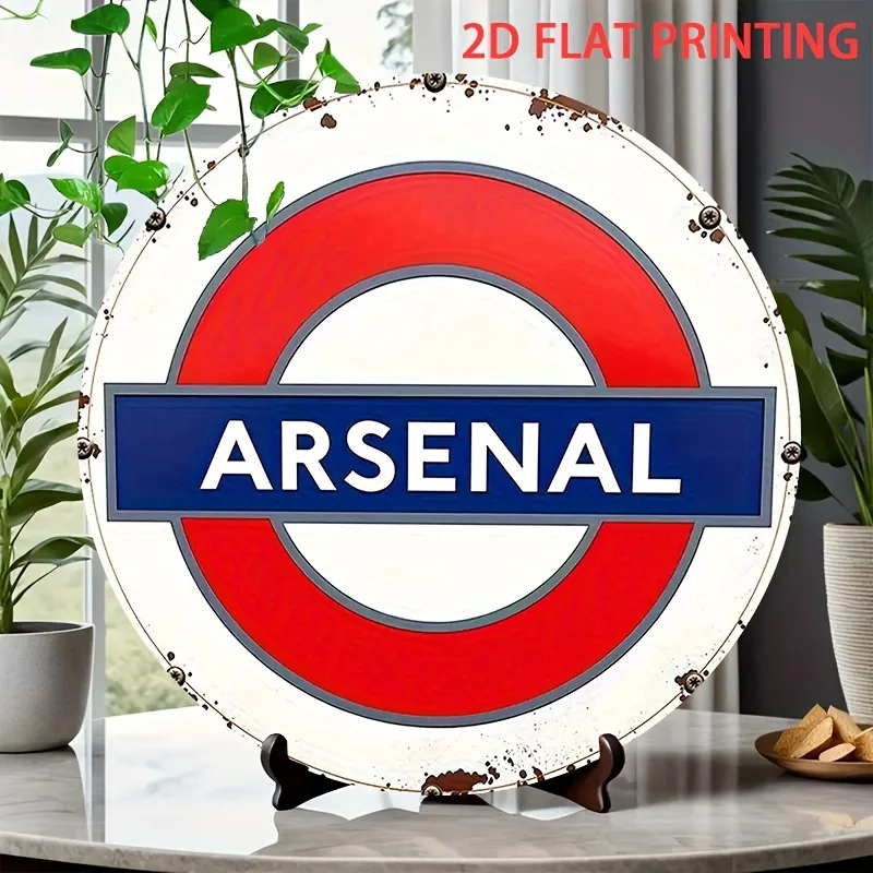 2D Flat, 2D Flat 1pc Modern Minimalist Round Tin Sign 20.32x20.32 cm - Sleek Arsenal London Underground Symbol Sign Design - wit