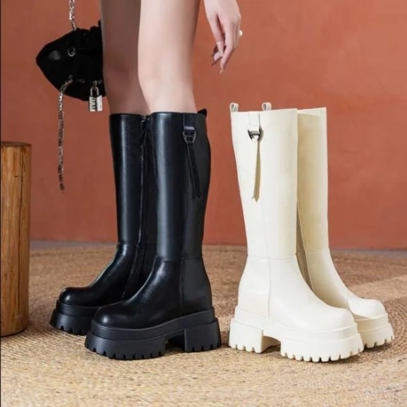 Winter Women Elevator Shoes Chunky Platform Boots Female Height Increasing Shoes Classic Black Long Boots Luxury Design Booties