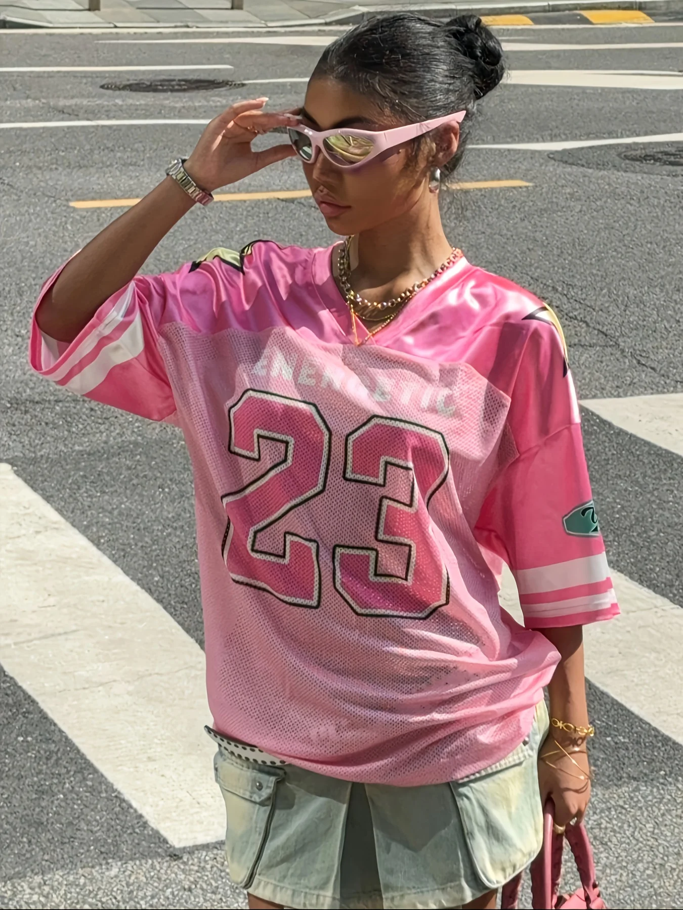 

Sports Short Sleeve # 23 Printed T-shirts 2025 Summer New Casual Hip Hop Fashion Street Women's V-neck Loose Overszied Tops
